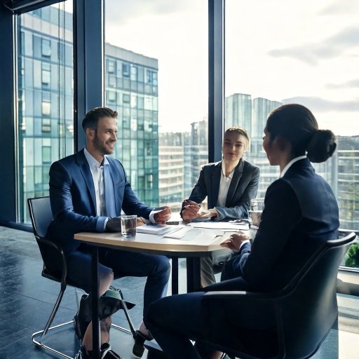 firefly a square image of hr professionals conducting an interview in a glass walled corporate offic